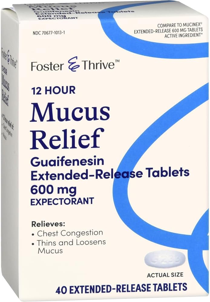 Foster " Thrive Chest Congestion Mucus Extended Release, 600 mg Guaifenesin Relieves Chest Congestion Caused by Excess Mucus, (Compare to Mucinex 12 Hour Extended Release), 40 Tablets