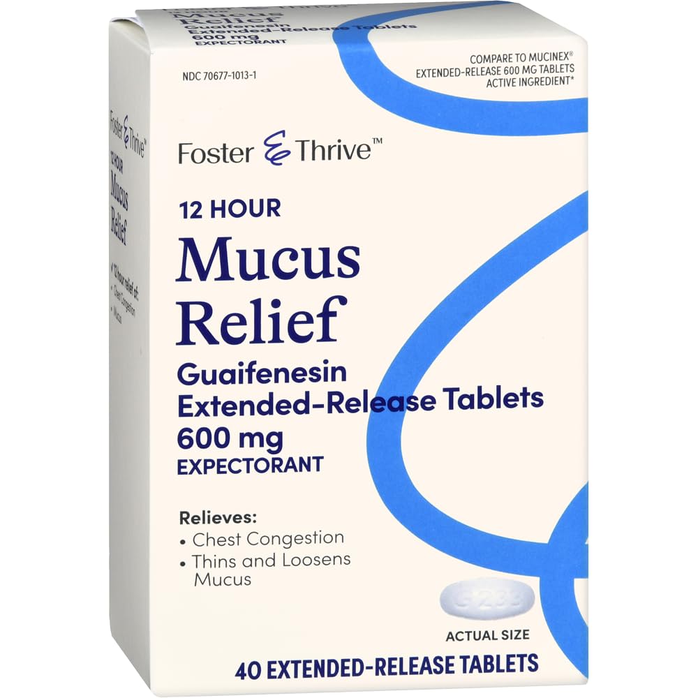 Foster " Thrive Chest Congestion Mucus Extended Release, 600 mg Guaifenesin Relieves Chest Congestion Caused by Excess Mucus, (Compare to Mucinex 12 Hour Extended Release), 40 Tablets