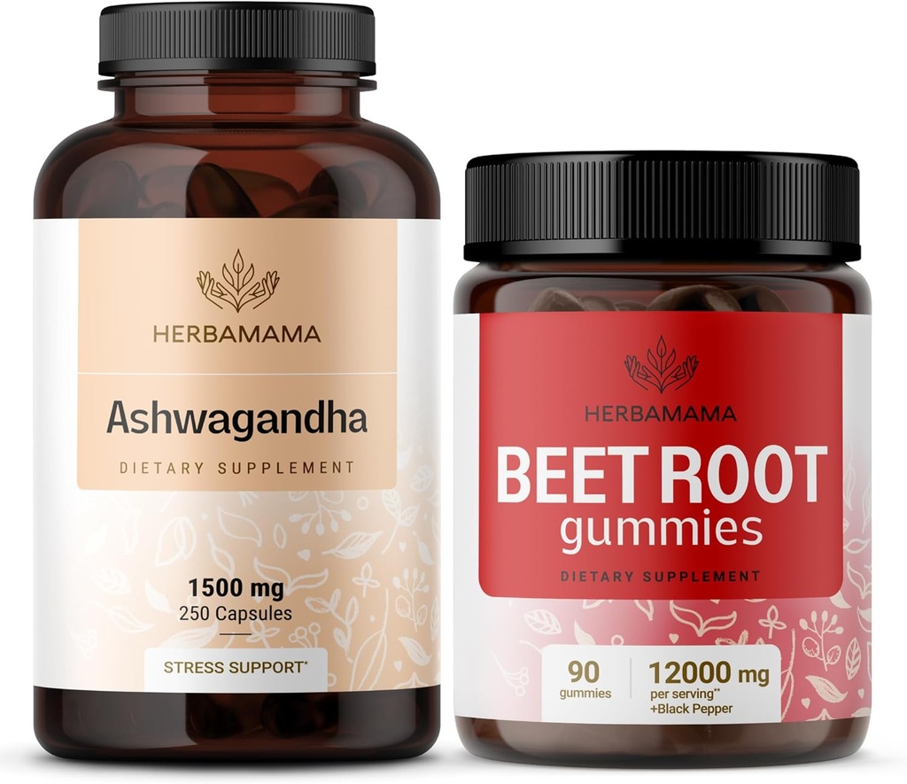 HerBAMAMA Ashwagandha y Beet Root Kit - Bundle of 1500 mg Ashwagandha Root Capsules & 1500 mg Beet Root Gummies - Vegan, Non-GMO, Gelatin-Free - 2 Pack