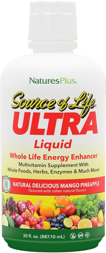 NaturesPlus Ultra Source of Life Liquid - 30 fl oz - Mango Pineapple Flavor - Suplemento multivitamínico con vitamina D3 y luteína - Vegetariano, libre de gluten - 30 Servings