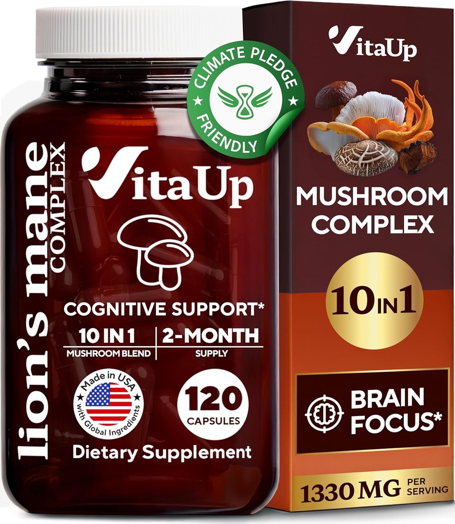 Lions Mane Suplemento cápsulas - USA Made 10 en 1 Mushroom Suplemento - Complejo de Mushroom con Lions Mane, Cordyceps, Turquía Tail, Reishi, Shiitake para Cognitive &amp; Immune Support - 120 Conde