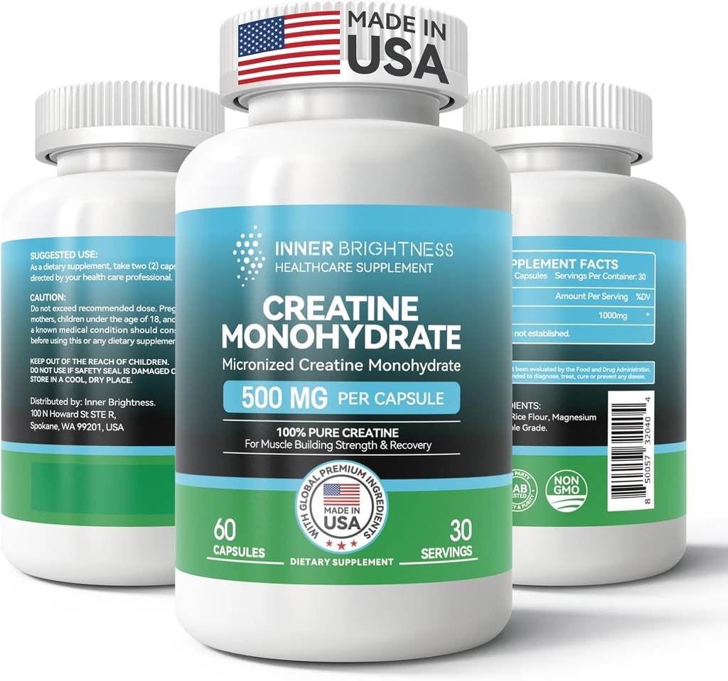 Cápsulas de Monohidrato de Creatina para el constructor de músculos, resistencia &amp; fuerza, suplemento de entrenamiento ← No GMO, Gluten Gratis - 60 cápsulas