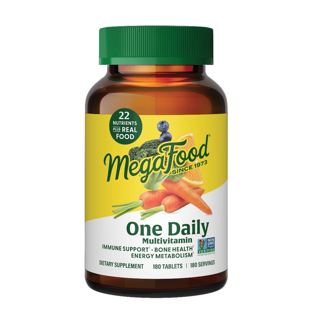 MegaFood One Daily Multivitamin for Women and Men, Immune Support Supplement with Real Food, Vitamina C &amp; Vitamina B, Bone Health, Cellular Energy Metabolism, Vegetarian, Non-GMO, 180 Tablets