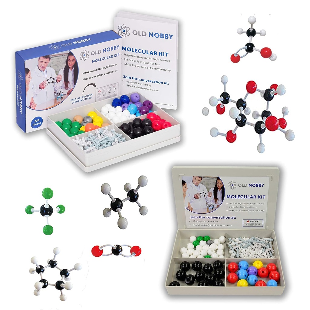 Kit de Modelo de Química Orgánica (239 Pieza Kit y 115 Pieza Kit) - Modelo Molecular Estudiante o Maestra Pack con átomos, huesos y guía instructiva