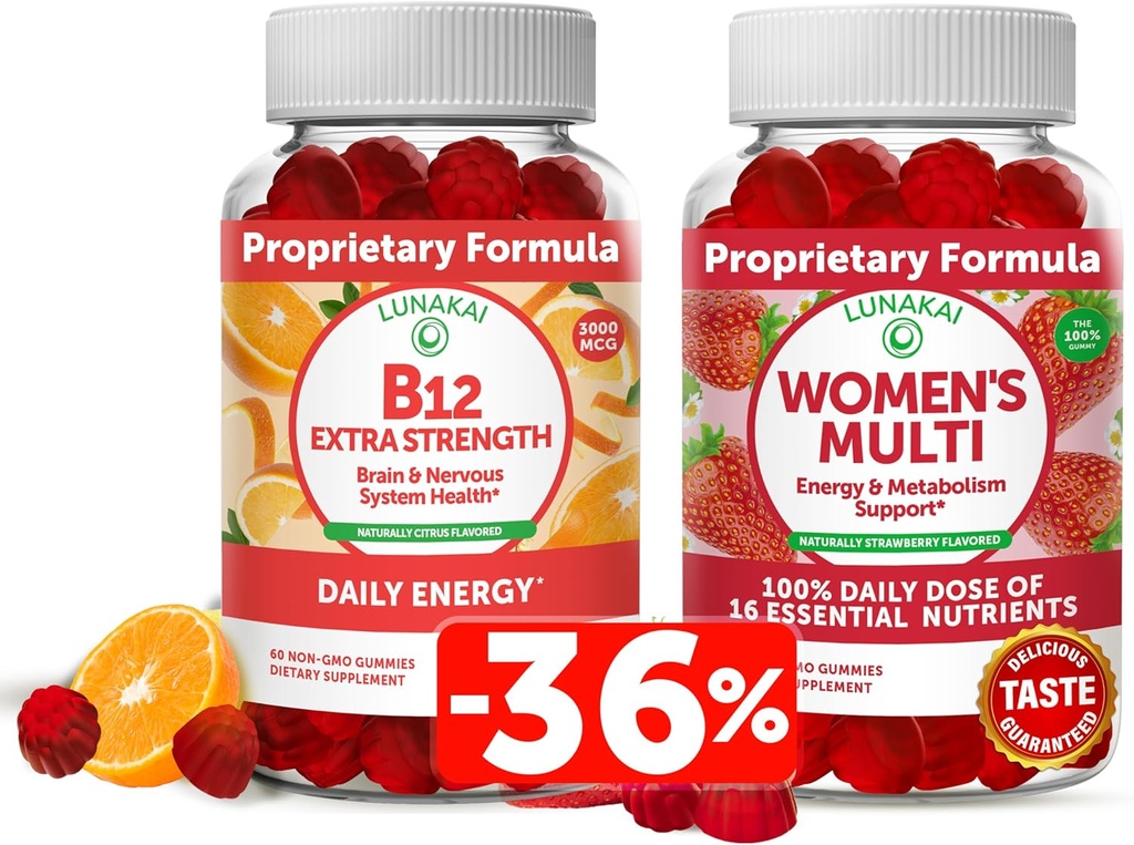 Lunakai Vitamina B12 y Mangas Multivitamínicas de Mujeres Bundle - Suplemento No GMO & Vegan para el apoyo energético y la salud ósea - 100% Valor diario de 16 vitaminas y minerales esenciales - 30 días de suministro