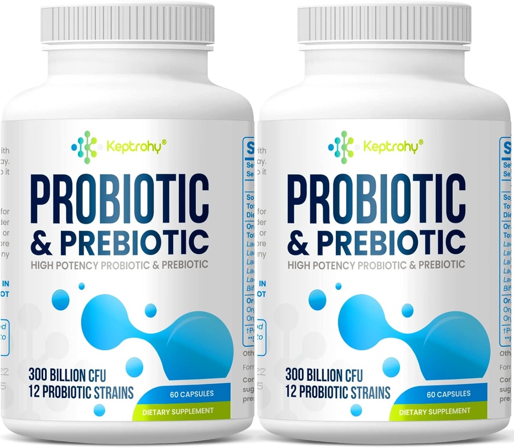 Probióticos para Mujeres &amp; Hombres, 300 Billones CFU Probióticos de 12 Strains + Prebióticos Orgánicos Blend for Daily Digestive, Immune, Gut, Bloating, Gut Health for Women &amp; Men, Shelf Stable - 120 Capsules