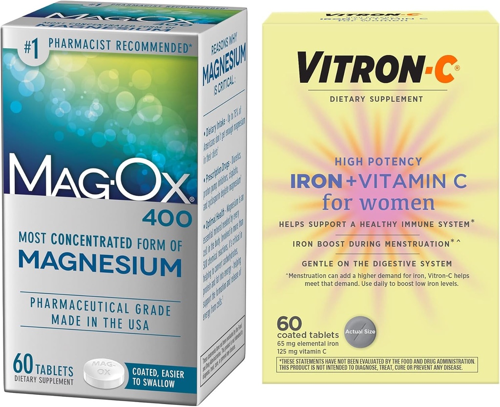 Suplemento de Hierro de alta potencia Vitron-C, Apoyo Inmunto 60ct y Mag-Ox 400 Magnesio Suplemento Mineral 60ct