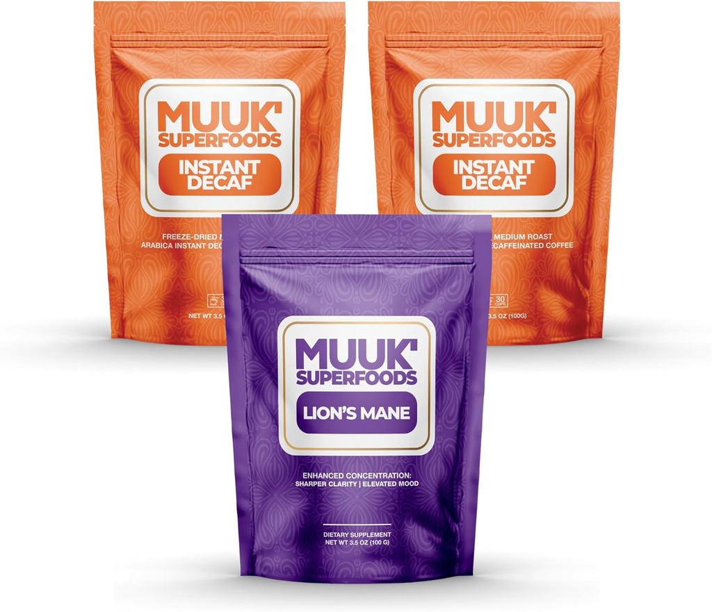 MUUK' SUPERFOODS ANTE Decaf Mushroom Coffee Bundle TENIDO 60 Servings of Lion's Mane Mushroom Powder Plus 60 Cups of Decaffeinated Instant Coffee