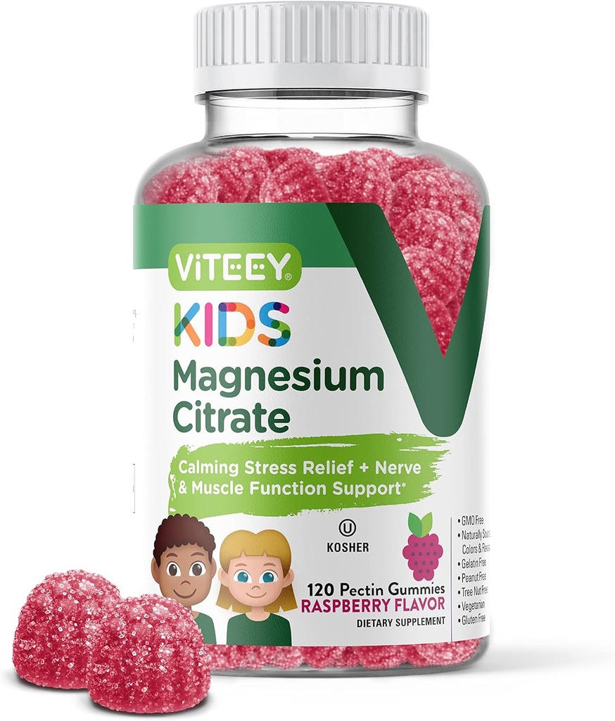 Viteey Kids Magnesium Citrate Gummies - Supports Sleep Aid, Calm Gummies, Muscle Relaxer, Optimal Relaxation - Vegetarian, Gelatin Gratis, Gluten Gratis, GMO Gratis - Tasty Chewable Raspberry Flavored Gummy
