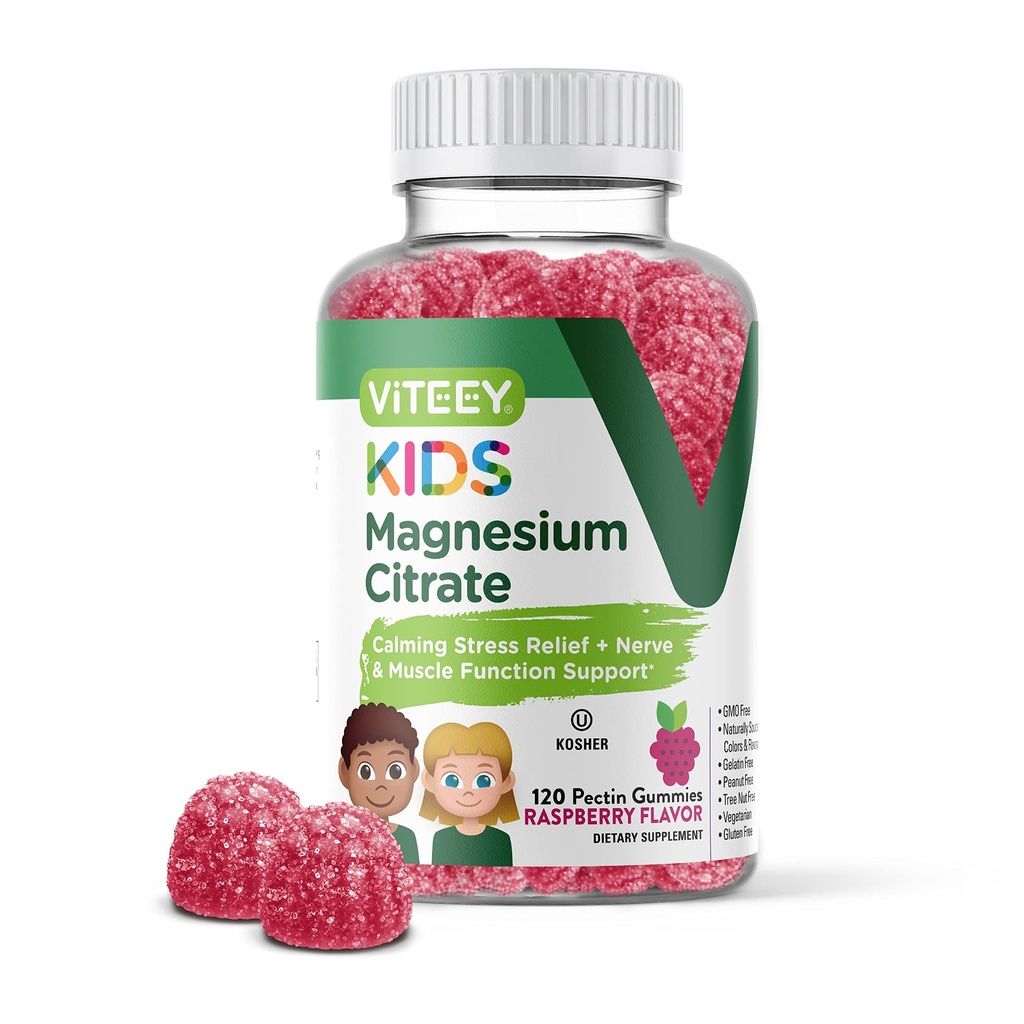 Viteey Kids Magnesium Citrate Gummies - Supports Sleep Aid, Calm Gummies, Muscle Relaxer, Optimal Relaxation - Vegetarian, Gelatin Gratis, Gluten Gratis, GMO Gratis - Tasty Chewable Raspberry Flavored Gummy