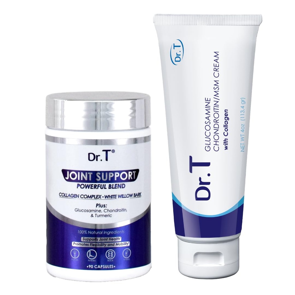 Dr. T Joint Health Bundle: Glucosamine/Chondroitin MSM Cream with Collagen + Joint Support Supplement | Athlete-Grade Joint & Muscle Relief | Non-GMO, Gluten-Free, Made in USA