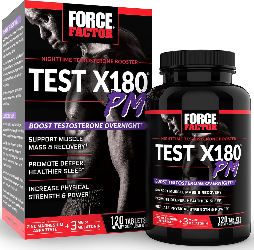 Prueba de factor de fuerza X180 PM Boosterona de testosterona para hombres, suplemento de testosterona de noche para construir músculo, aumentar la fuerza, y promover sueño más profundo, más saludable y recuperación, 120 tabletas