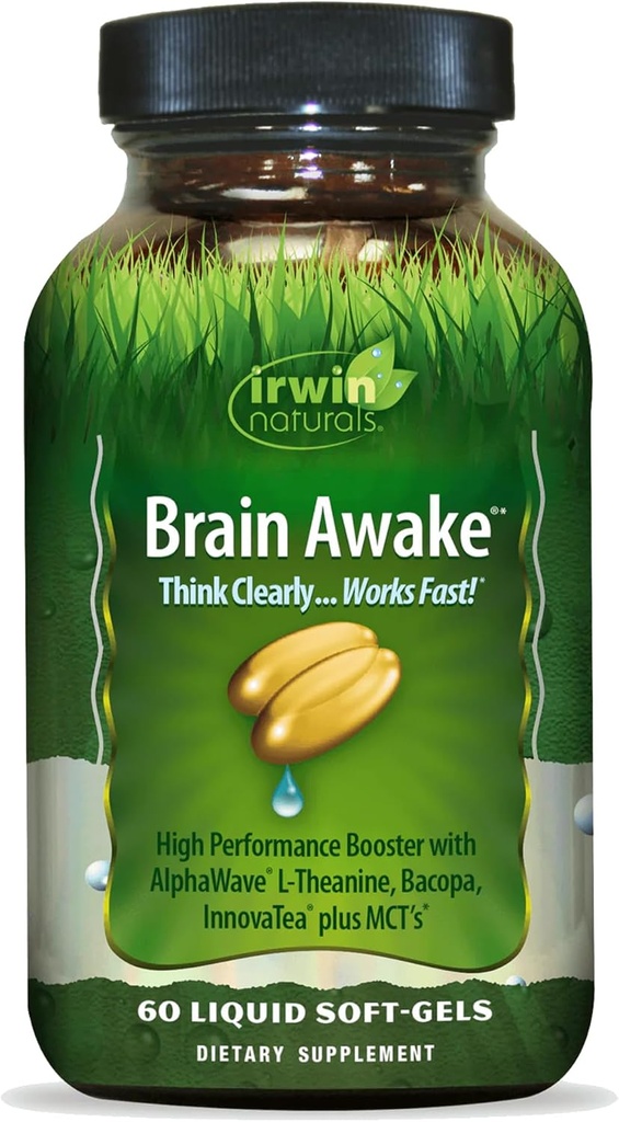 Irwin Naturals Brain Awake - 60 Liquid Softgels - Rendimiento mental mejorado, mayor enfoque, claridad y concentración - Booster nootrópico con L-Theanine, Bacopa, MCT