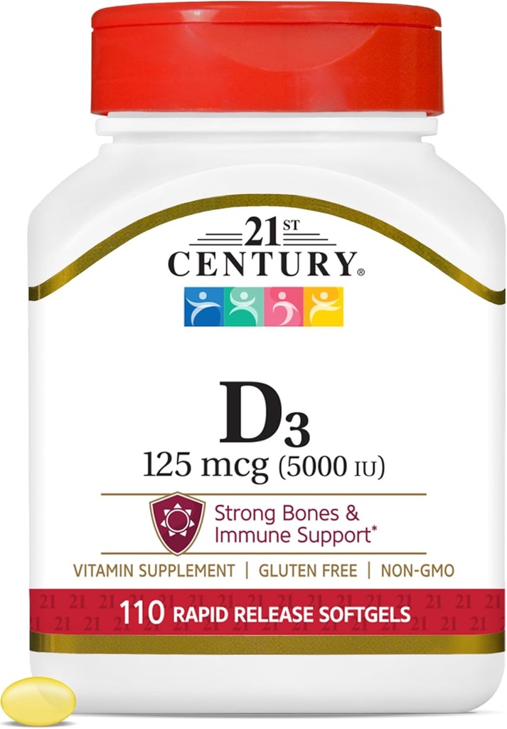 21st Century Healthcare Vitamin D3 125 mcg (5,000 UI) Rapid Release Softgels, 110 Conde