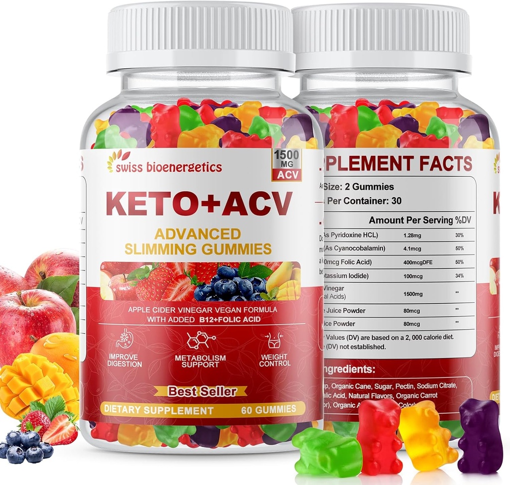 Keto Apple Cider Vinegar Gummies, Keto ACV Gummy Diet Supplement, Advanced 1500mg ACV Gummies with Folate, B12,B6 y Keto Support for Women Men, Gelatin- Free, Vegan & Non-GMO (Multi-Flavor)