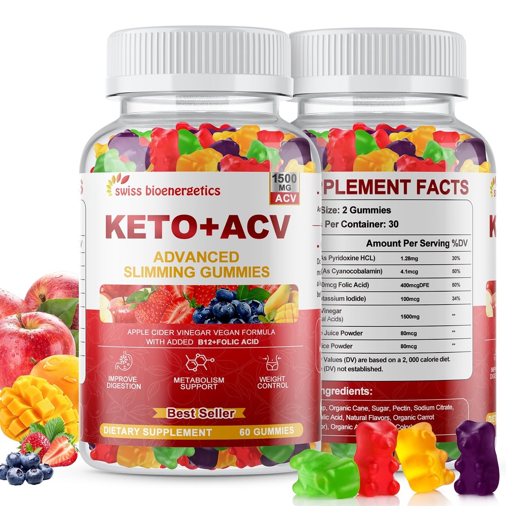 Keto Apple Cider Vinegar Gummies, Keto ACV Gummy Diet Supplement, Advanced 1500mg ACV Gummies with Folate, B12,B6 y Keto Support for Women Men, Gelatin- Free, Vegan & Non-GMO (Multi-Flavor)