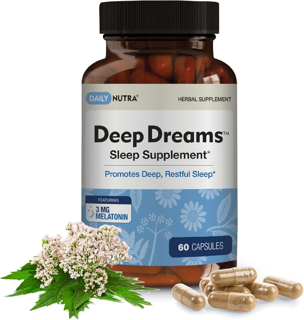Sueños profundos ~ Suplemento natural del sueño herbario promueve sueño profundo, descanso, no codo formando con melatonina, L-Tryptophan, Valerian, GABA, manzanilla, " Pasionflower (60 cápsulas)