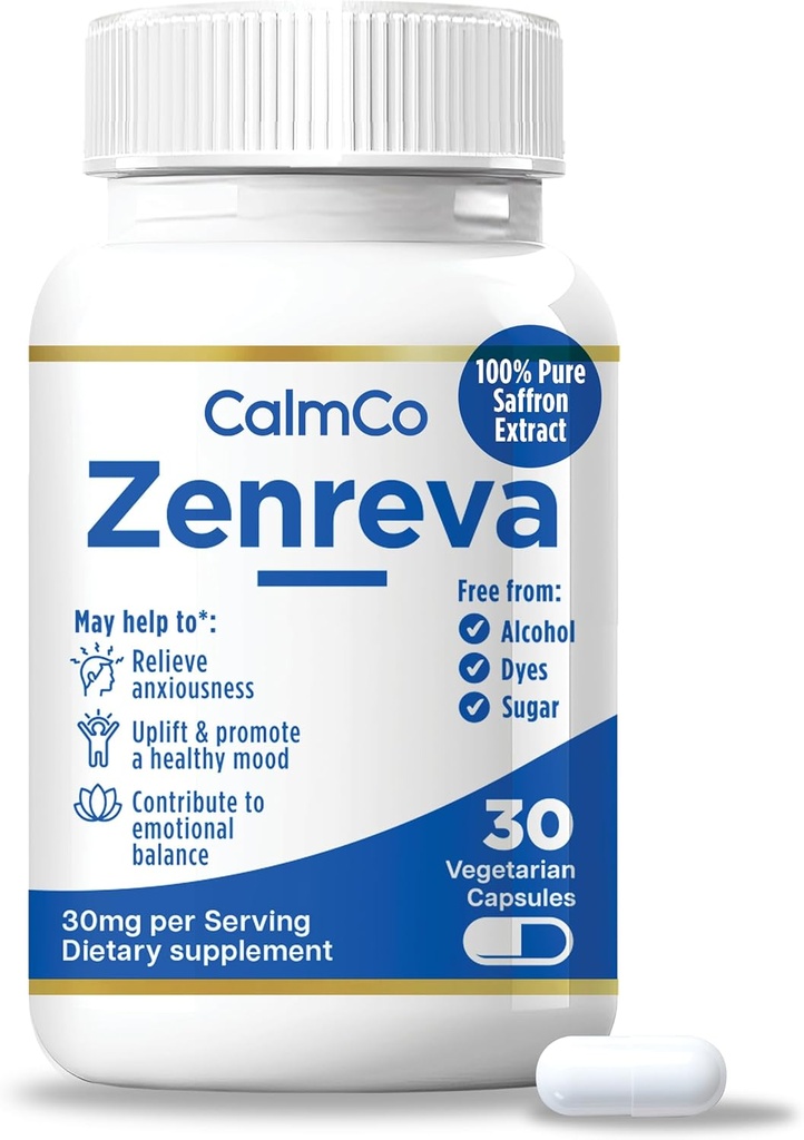 CalmCo Zenreva, Pure Saffron Extract Capsules – Boost Mood, Mejorar el enfoque, Reducir la ansiedad, Apoyar Equilibrio Emocional " Dormir, Metabolismo Booster, No GMO Vegan Capsules, 30 Conde