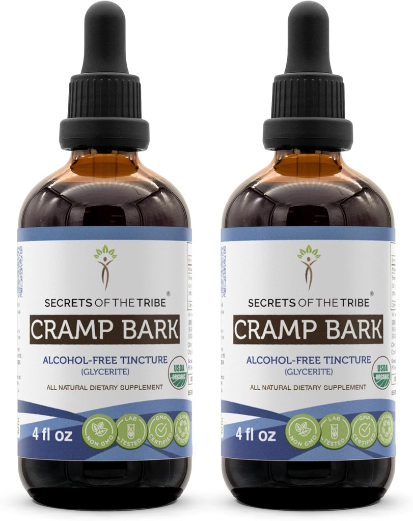 Secrets of the Tribe Cramp Bark USDA Organic ← Extract sin alcohol, High-Potency Herbal Drops ← Hecho de 100% Certified Organic Cramp Bark (Viburnum Opulus) Dried Bark (2x4 FL Oz)
