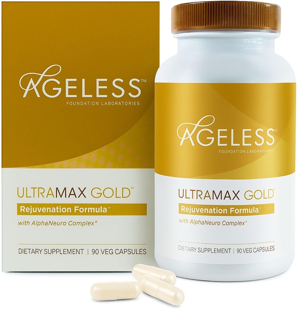 AGELESSTM: UltraMAX GoldTM Capsules, HGH Anti-Aging Supplement for Women, Slows Cellular Aging, Supports Immune Health, Smoother Skin Tone and Restorative Sleep, Weight Management, 90 Capsules