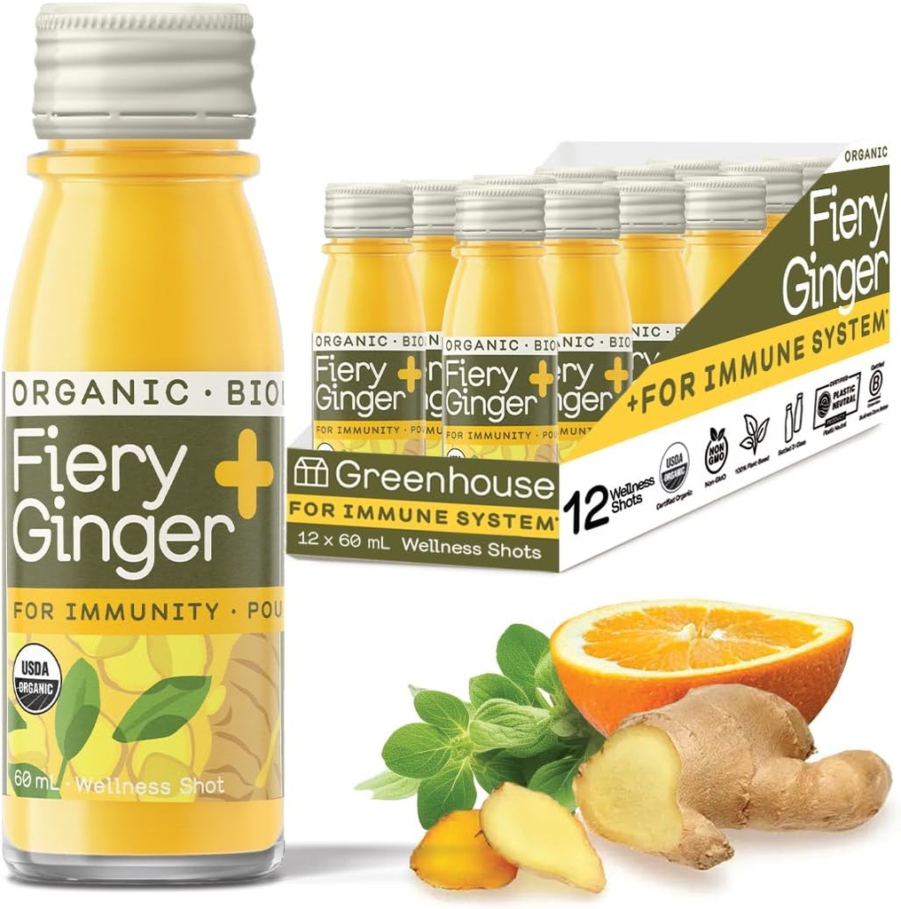 Greenhouse Juice Organic Fiery Ginger Wellness Shots 12-Count 60ml Glass Bottles, Vegan &amp; Gluten-Free