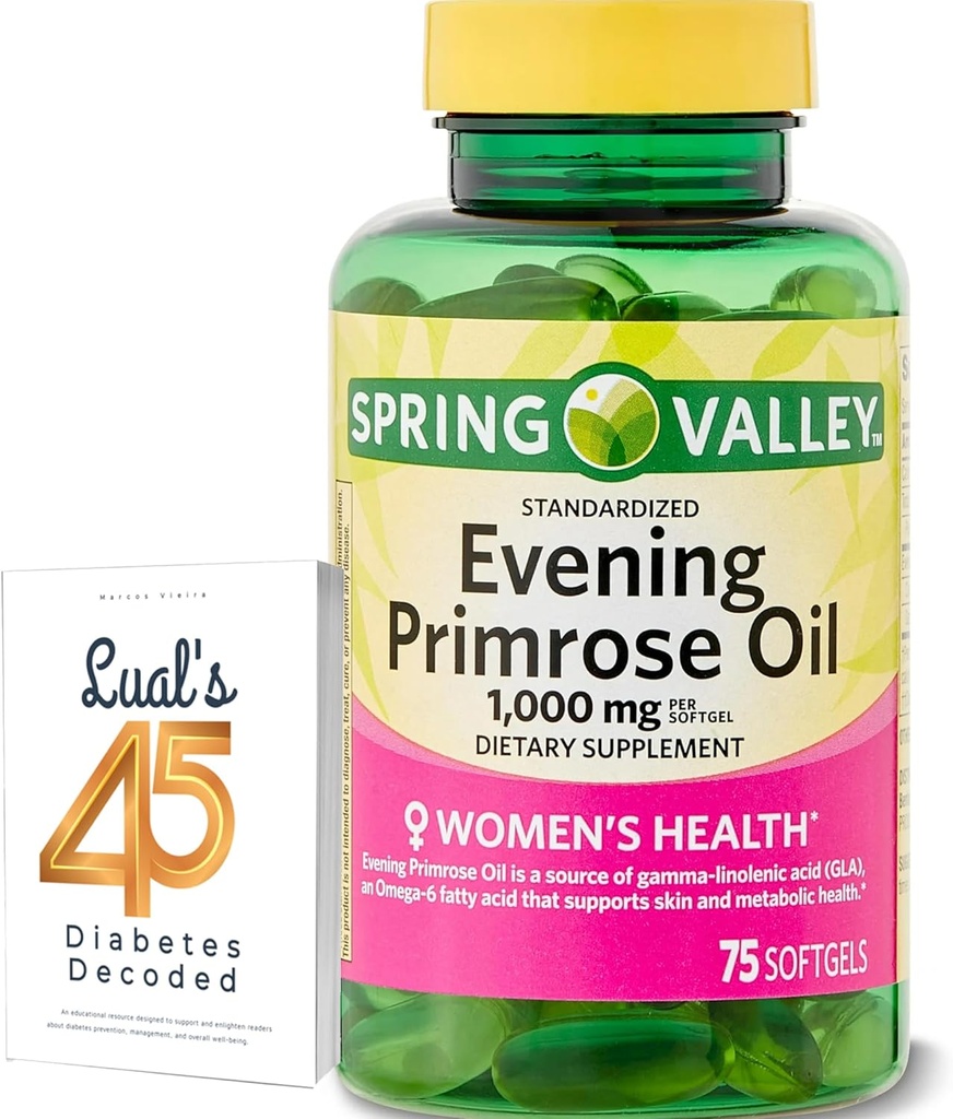 Primrose Oil Women's Health Dietary Supplement Softgels, 1000 mg, 75 Conde, Softgels, Evening Primrose Oil Capsules 1000mg Bundle with LualL's 45 Diabetes Decodificado