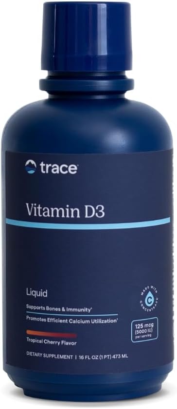 Trace Minerals TENIDO Vitamina Líquida D3 TENIDO 126 mcg (5000 UI) D3 con Espectro completo de Minerales de Traza Iónica TENIDA Absorbing Rápido, Alta Potencia TEN Natural Tropical Cherry Flavor TEN 32 Servimientos, 16 fl oz