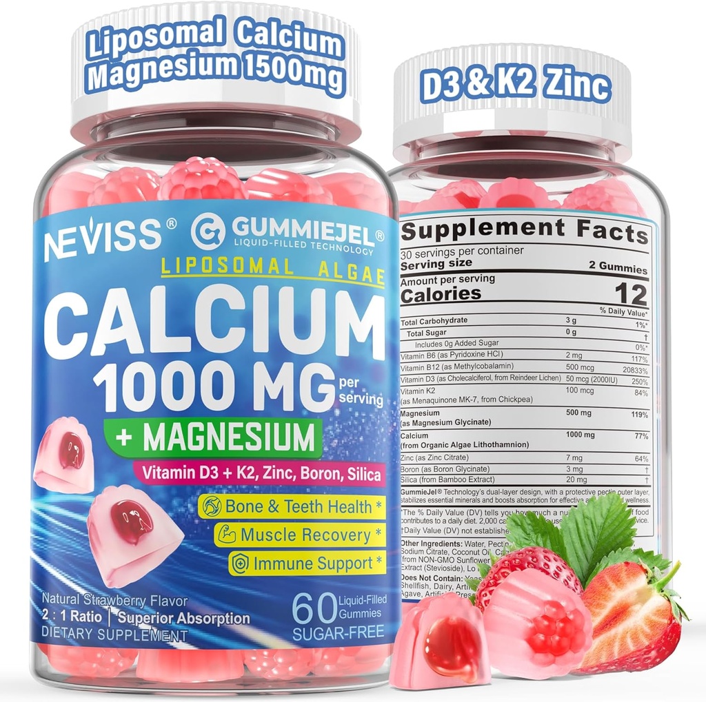 Suplementos de Calcio para Mujeres, Hombres - Calcio Liposomal 1000mg con Vitamina D3 K2, Magnesio Glycinate, Zinc, Boron, Silica para la Salud del Hueso - Azúcar Magnesio Zinc Gummies, Vegan, 60 Condes