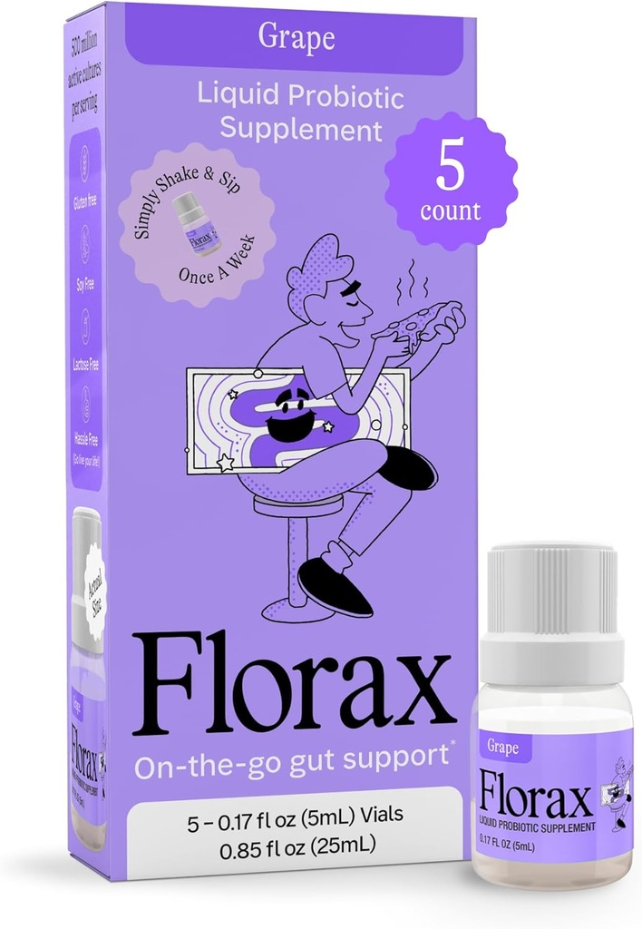 Florax - Probiótico líquido - Soporte continuo para mujeres, hombres y niños - Vegan, Gluten Free, Lactose Free, Soy Free y Preservative Free - Grape Flavor - 5 Vials