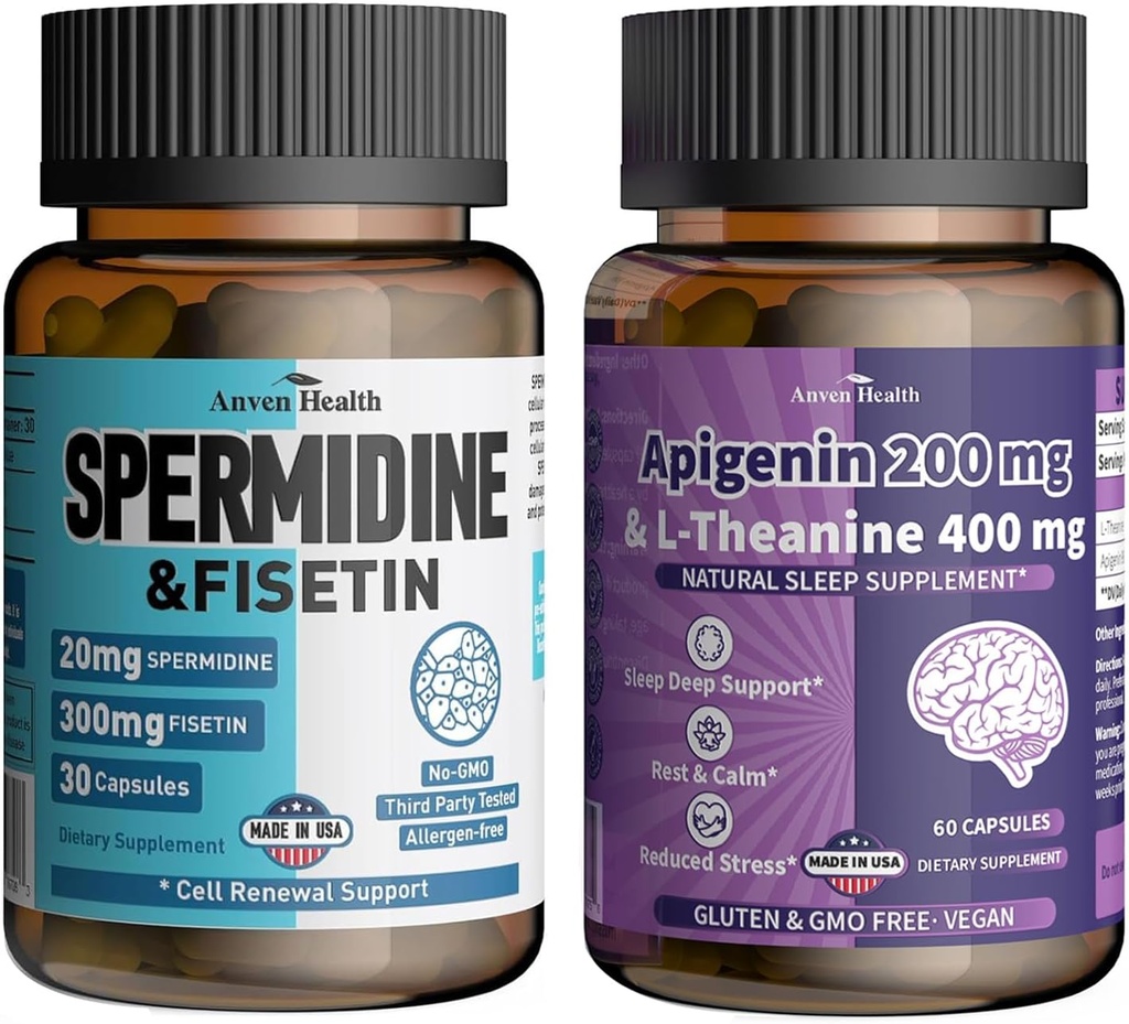 Apigenin 200mg con L-Theanine 400mg + Spermidine 20mg & Fisetin 300mg - Ultimate Relax, Longevity " Aging Defense Bundle ← Non-GMO, Zero Fillers6060 Veggie Caps + 30 cápsulas