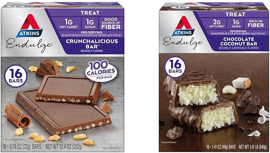 Atkins Endulge Crunchalicious Chocolate Bar 16 Count & Chocolate Coconut Bar 16 Count Bundle