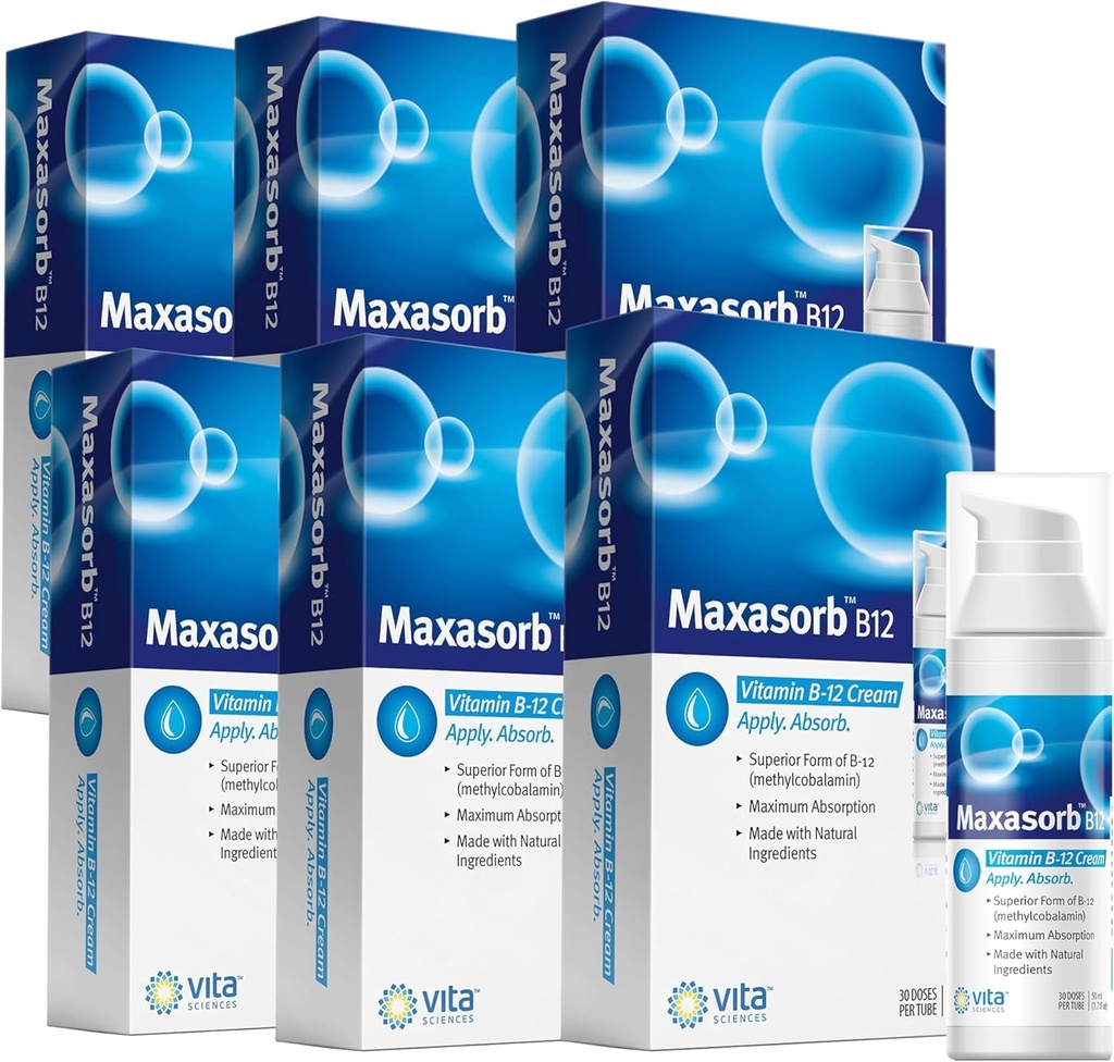 Vita Sciences Maxasorb B12 Vitamina B-12 Crema 1000 mcg: potente Metilcobalamina tópica para la energía, la salud y la piel de la guanición - Pack de 6