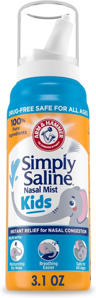 ARM &amp; HAMMER Simplemente Saline Kids Nasal Mist, Saline Spray for Gentle Nasal Congestion Relief, 3.1 Oz