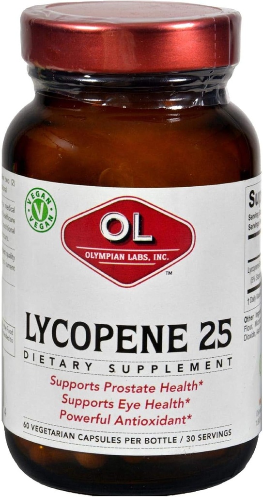 Laboratorios Olímpicos Licopeno 25mg, Potencial Antioxidante soporta Ojo, Prostata & Heart Health, Gluten Free, Non-GMO, 60 cápsulas Vegan