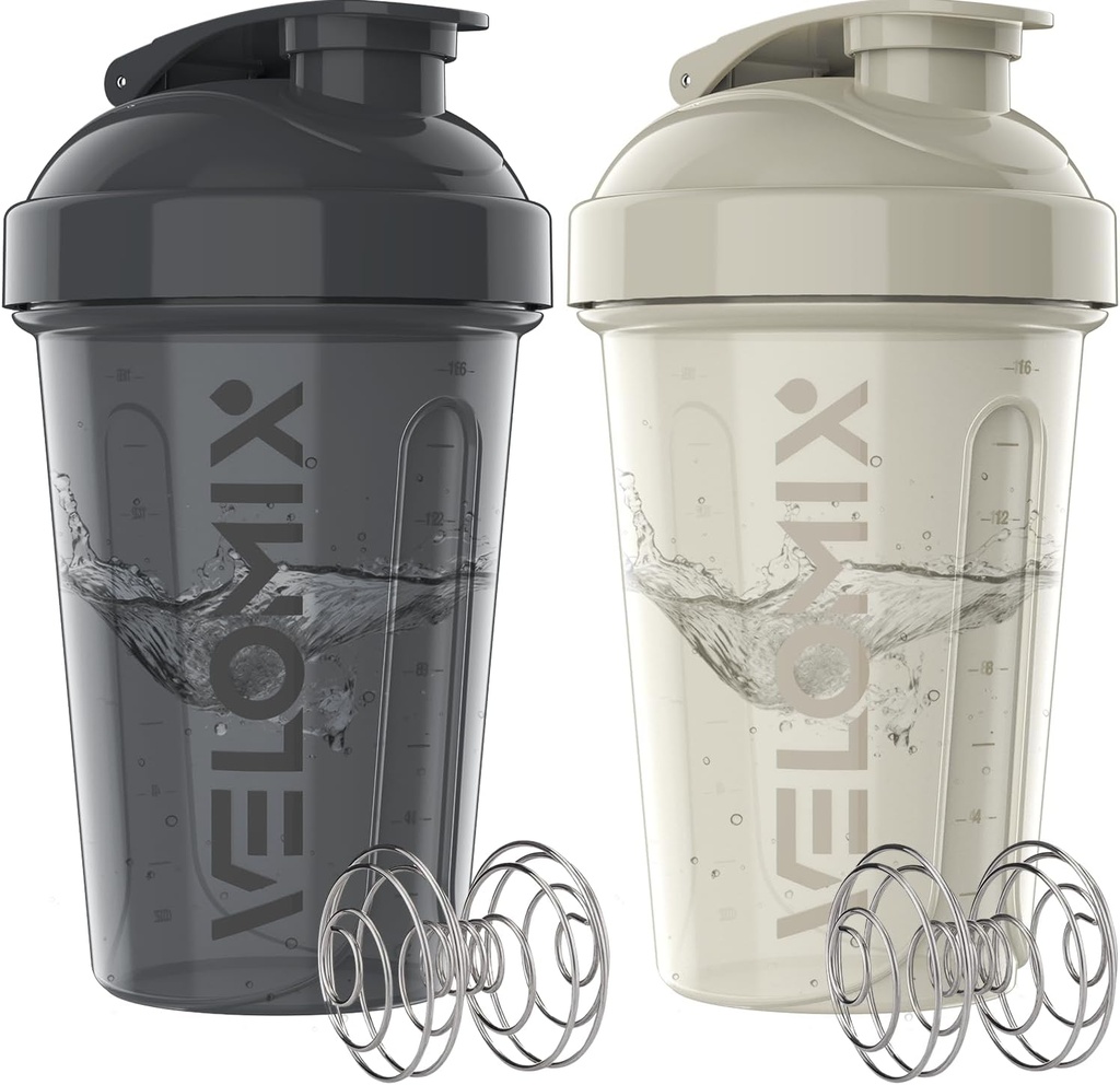 VELOMIX -2 Pack- 20 oz Protein Shaker Botellas para Protein Mixes - 2x Wire Whisk ← Leak Proof Shaker Cups for Protein Shakes and Pre Workout  Protein Shaker Bottle Pack (Gray/White)