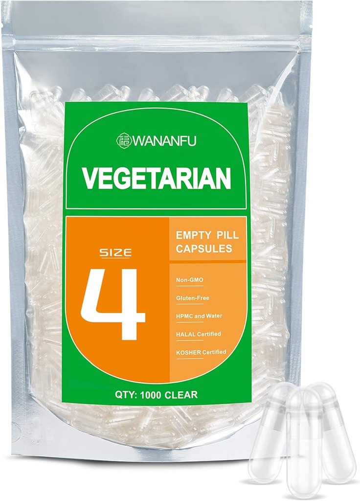 wananfu Tamaño 4 Empty Capsules Vegetariano (1000 Conde), Clear Fillable Veggie Pill Capsules Tamaño 4 para hacer sus propios suplementos