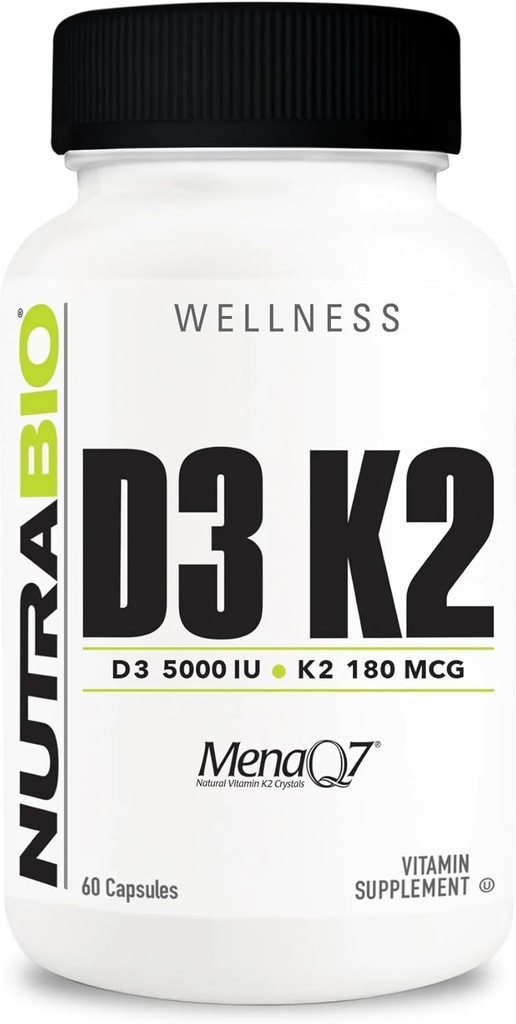NutraBio Vitamina D3 K2 ← 5000 UI D3 como Cholecalciferol con vitamina K2 como MENA-Q MK7 (180mcg) ← Ayuda Bone and Heart Health ← Non-GMO, Gluten Free, Lactose Free ← 60 cápsulas vegetales