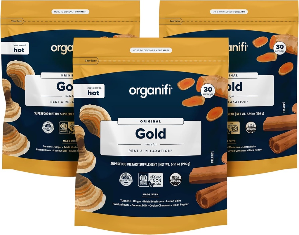 Organifi: Gold - Superfood Supplement Powder- 90 Servings (3 Pack) - Stress Support, Better Rest, Relax and Promotes Restful Sleep - Turmeric and Reishi Infused