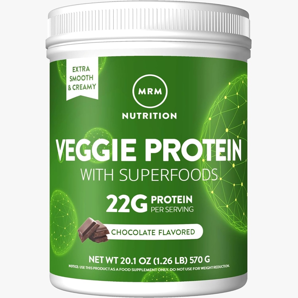 MRM Nutrición Veggie Protein with Superfoods ← Vanilla Flavored TEN 22g Protein completo TENER 8.8g Aminoácidos esenciales TEN 13 superalimentos ANTERIOR con Omega 3s y Omega6s ANTE Keto Friendly TENIDO 15 Servimientos