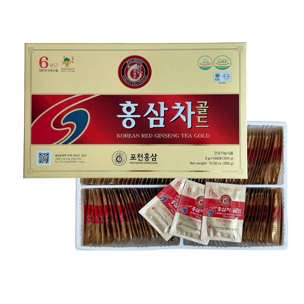 Pocheon 300g(10.6oz), coreano 6Años Panax Red Ginseng Root Extracto Tea Gold, 100 Tea Bags, 15% Ginseng Extract, Natural Immune Support