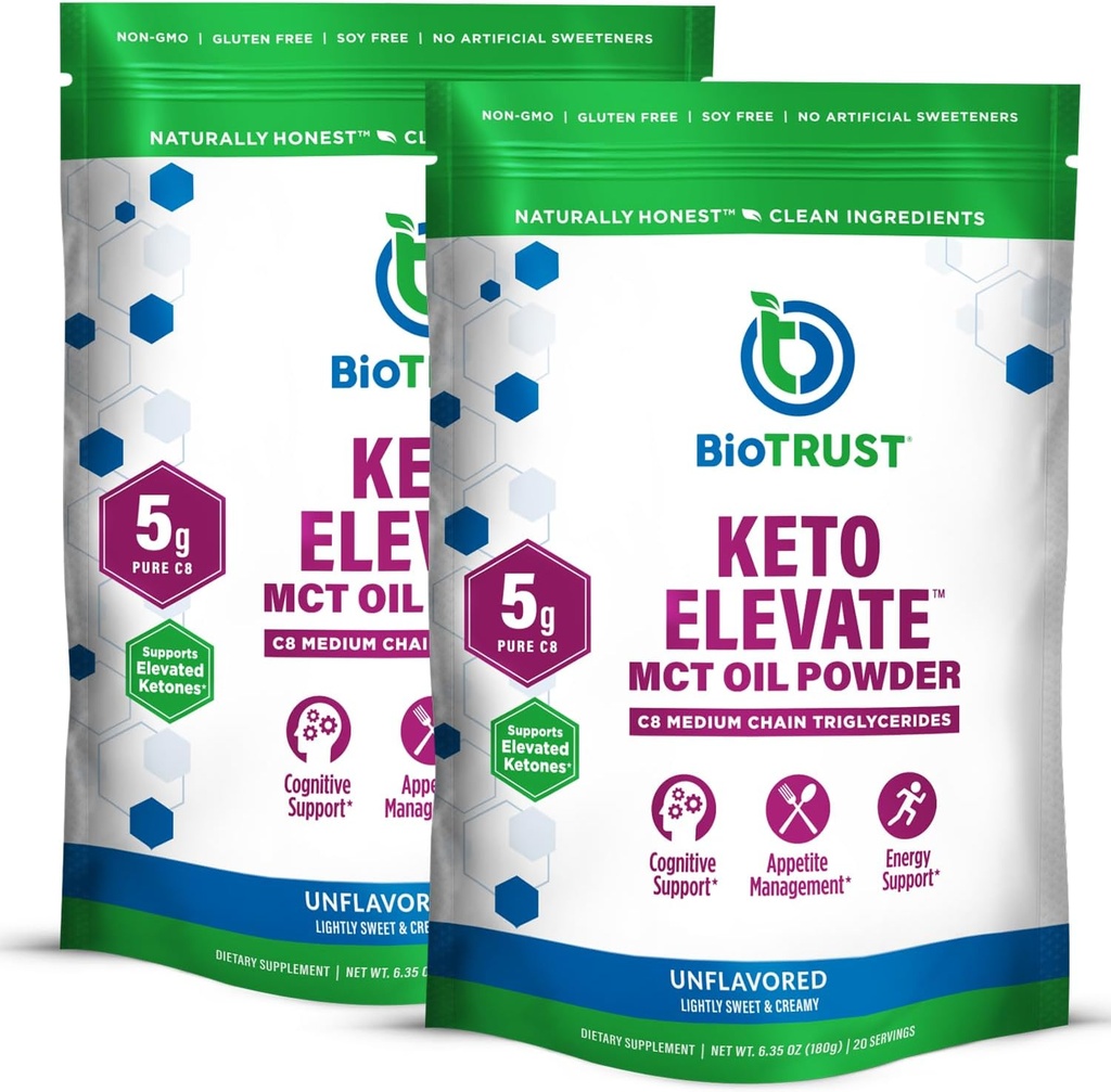 BioTrust Keto Elevate – C8 MCT Oil Powder – Ketogenic MCT Coffee Creamer, Keto Coffee Creamer – Clean Energy, Mental Focus " Clarity – 100% Caprylic Acid MCT Powder, Non-GMO (Unflavored, 40 Servings)