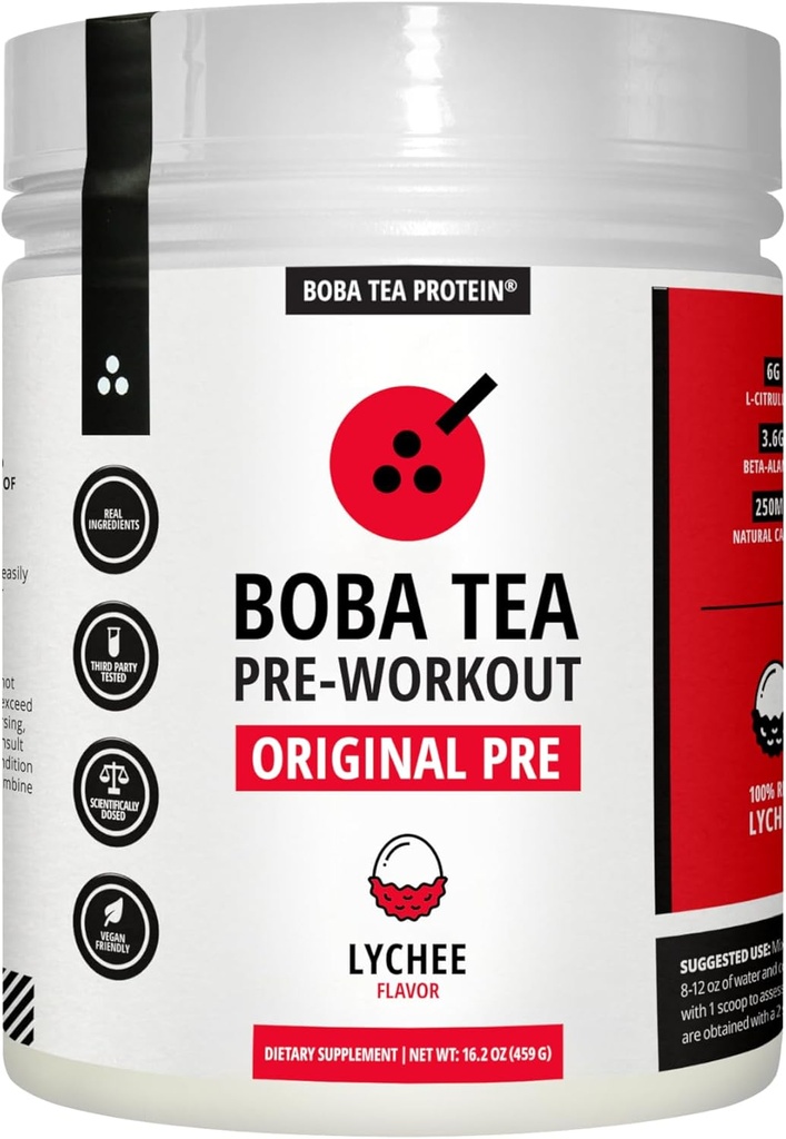 Boba Tea Pre-Workout Powder ← Lychee Flavor ⋅ 125-250mg Caffeine ← L-Citrulline, Beta Alanine, Alpha-GPC ← Ingredientes Reales ← Pre Workout Pre Workout Powder para Hombres y Mujeres ← 20-40 Servings