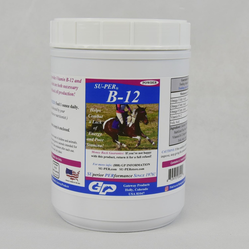 SU-PER B12 for Horses - Equine Vitamins B-12 & B-9 Folic Acid Support Powder - Energy Horse Supplement - 2.5 Pounds