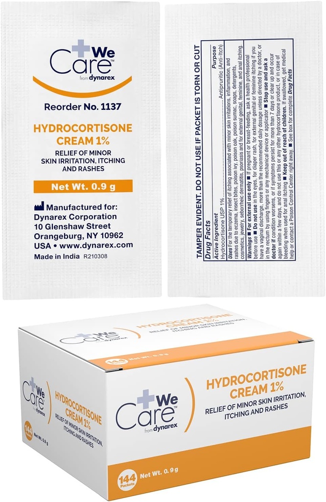 Crema de hidrocortisona de Dynarex - Ungüento de Hidrocortisona Anti-Itch para el alivio temporal de picazón de la piel menor, sarpullido, irritación - .9g Packet, 1 caja de 144