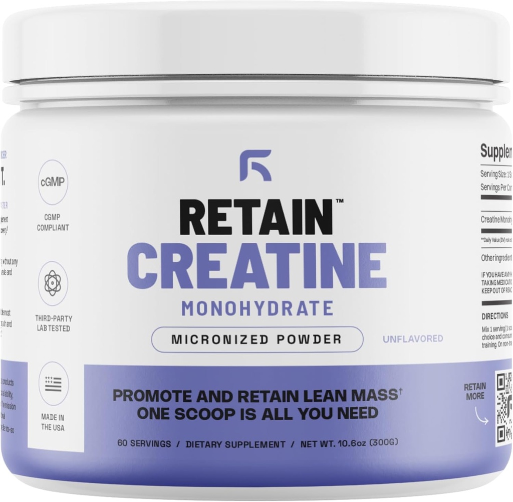 RETAIN Cretina Monohydrate Powder (60 Serv) - 100% Micronized High Absorption Creatine Monohydrate, Lean Muscle Mass &amp; Recovery