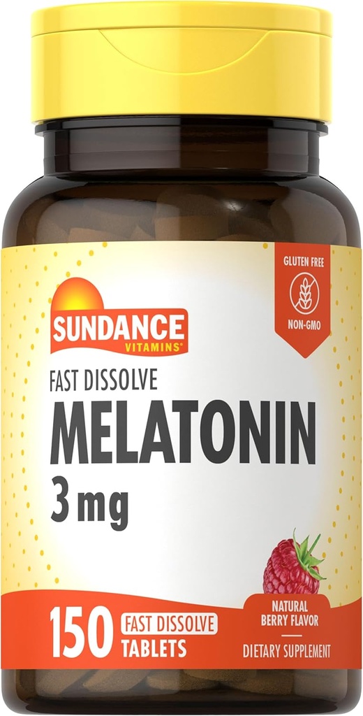 Sundance Melatonin Fast Dissolve ← 3mg TEN 150 Fast Dissolve Tablets TEN Natural Berry Flavor ANTE Vegetarian, Non-GMO, y Gluten Free Supplement