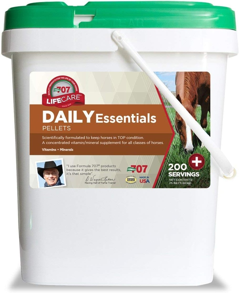 Fórmula 707 Daily Essentials Equine Supplement, 25lb Bucket – Vitaminas y Minerales Completas para la Salud Superior y Condición en Caballos