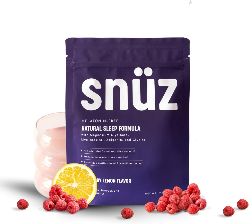 snüz Natural Sleep Support Suplemento con Magnesium Glycinate, Myo-Inositol, Apigenin &amp; Glycine, Melatonin Free, Sleep Aid for Adults, Non GMO, Gluten Free, Vegan, Raspberry Lemon Flavor, 30 Svgs