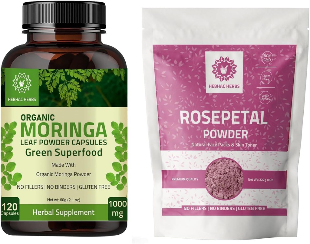 Orgánica Moringa Capsules 120 Capsules 1000mg y Rosa Petal Powder 227g Silencio Rosa Petal Flower Powder 8 oz rígida