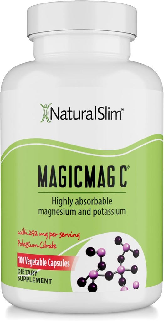MagicMag C de NaturalSlim, Citrato de Magnesio con Potasio para Relajación muscular, Calidad del sueño, Función del nervio " Apoyo electrolito, Suplemento diario de magnesio para hombres y mujeres, 100 cápsulas 1pk
